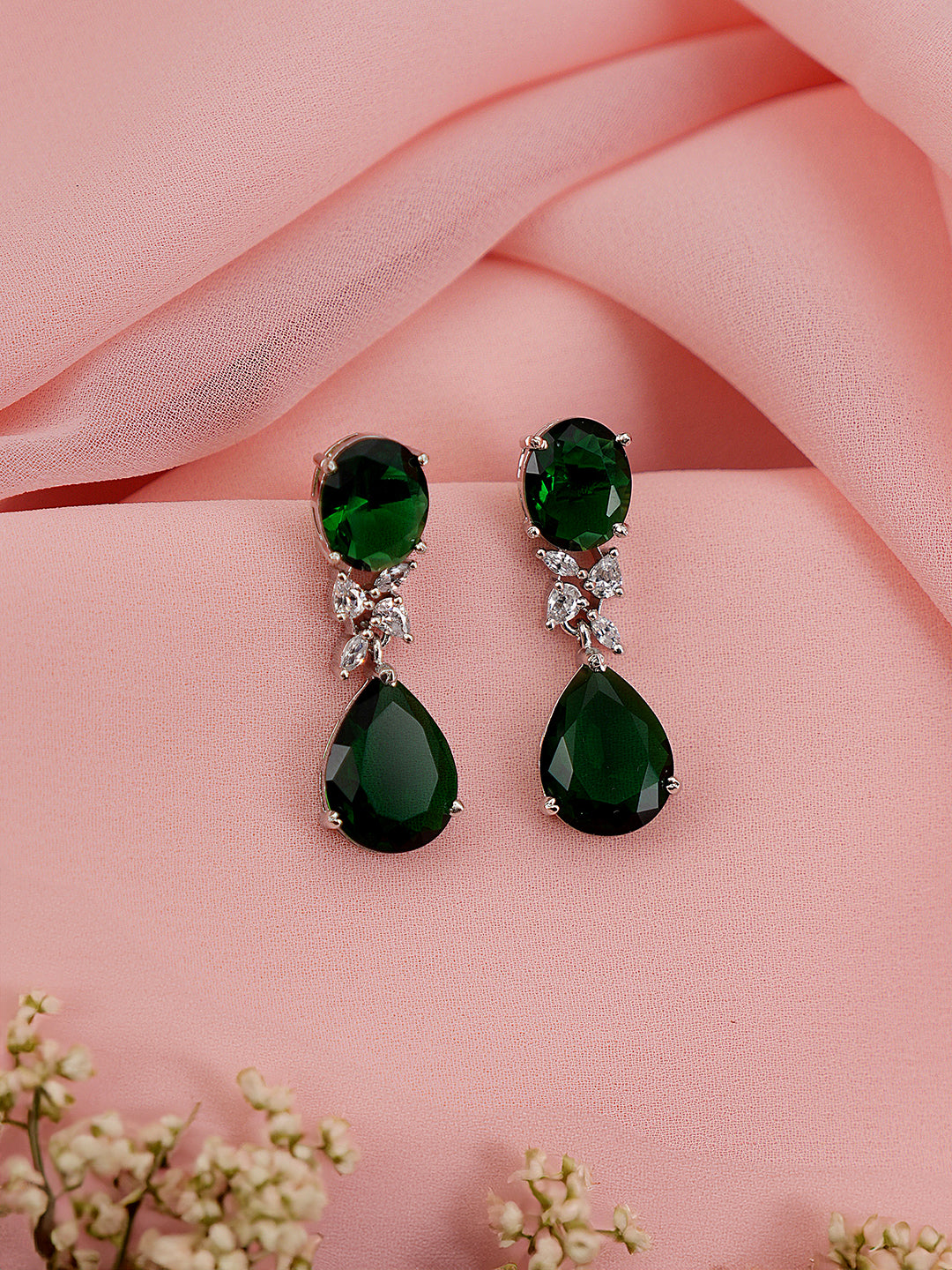 Silver Toned Emarald Green Studded Luxe  Statement Drop Earrings